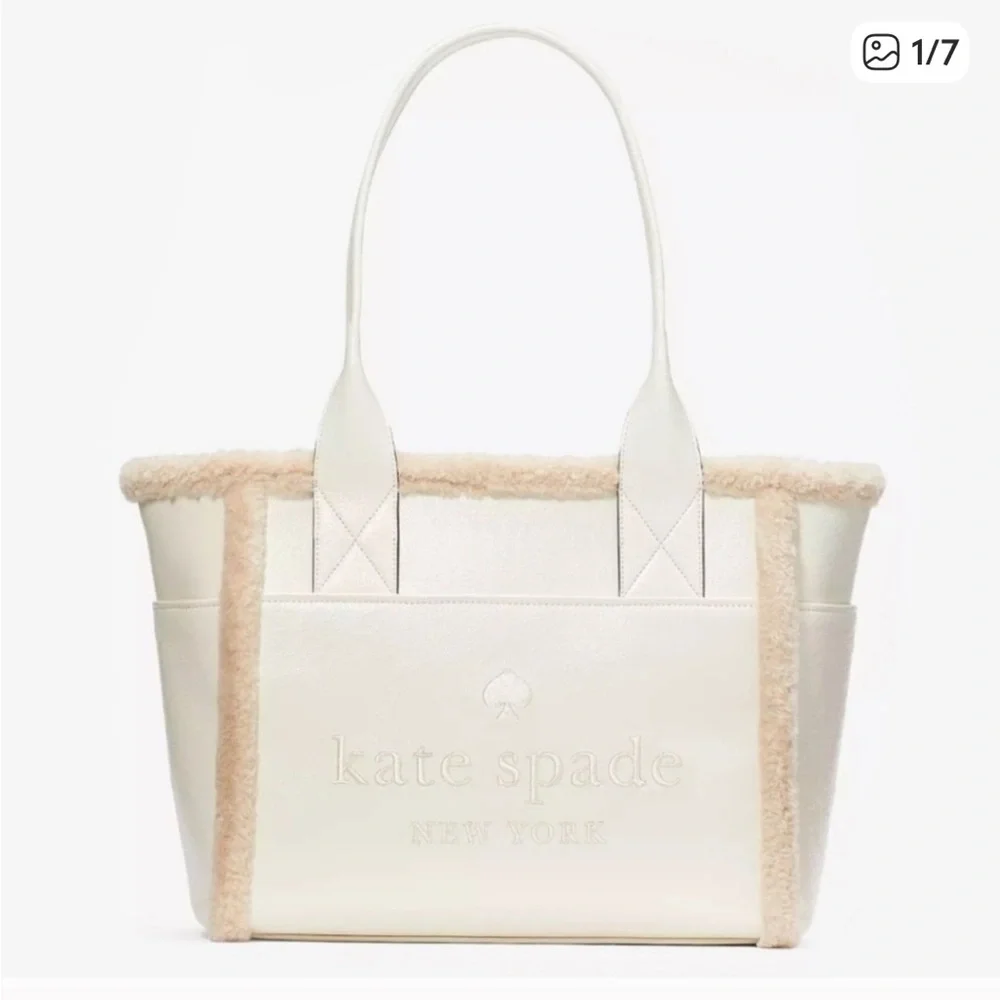 Kate Spade Large Cream Embroidered patent leather tote fur - NWT retails: $429
